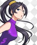  1girl anbj argyle argyle_background black_hair blue_eyes bow breasts earrings from_side grey_background hair_bow idolmaster idolmaster_cinderella_girls idolmaster_cinderella_girls_starlight_stage jewelry long_hair looking_back medium_breasts open_mouth ponytail purple_shirt shirt sleeveless sleeveless_shirt solo sugisaka_umi yellow_bow 