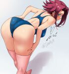  1girl ass blue_eyes blue_one-piece_swimsuit breasts code_geass code_geass:_lost_stories competition_swimsuit from_behind highres kallen_stadtfeld large_breasts leaning_forward looking_back one-piece_swimsuit pink_thighhighs pointy_hair red_hair short_hair signature solo swimsuit thighhighs twitter_username yoo_tenchi 