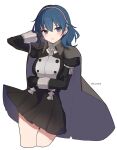  1girl black_cape black_gloves black_skirt blue_eyes blue_hair blush byleth_(female)_(fire_emblem) byleth_(fire_emblem) cape closed_mouth commentary_request fire_emblem fire_emblem:_three_houses garreg_mach_monastery_uniform gloves hair_between_eyes hairband highres long_sleeves looking_at_viewer official_alternate_costume palmijano pink_hairband simple_background skirt solo white_background 