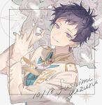  1boy blue_hair buttons character_name commentary_request dark_blue_hair dated ensemble_stars! flower fushimi_yuzuru gloves long_sleeves looking_at_viewer male_focus purple_eyes rice_(rice8p) rose short_bangs short_hair smile solo upper_body white_flower white_gloves white_rose 