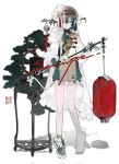  1girl bare_legs black_gloves black_hair bonsai chinese_clothes earrings gillannn gloves hair_between_eyes hair_ornament hair_over_one_eye hair_ribbon highres holding holding_lamp holding_lantern holding_polearm holding_weapon jewelry lantern long_sleeves looking_at_viewer medium_hair mole mole_under_eye one_eye_covered open_mouth original parted_lips polearm red_eyes ribbon serious shadow simple_background solo standing traditional_clothes watermark weapon white_background white_hair white_ribbon 