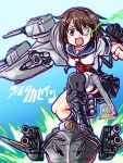  1girl adapted_turret artist_logo bike_shorts brown_hair cannon commentary_request dated furutaka_(kancolle) furutaka_kai_ni_(kancolle) glowing glowing_eye grey_sailor_collar grey_skirt heterochromia kantai_collection kutone_shirika machinery neckerchief pleated_skirt red_neckerchief sailor_collar sailor_shirt school_uniform serafuku shirt short_hair shorts shorts_under_skirt single_thighhigh skirt smile solo thighhighs turret yellow_eyes 