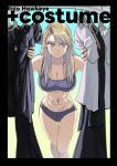  1girl abs absurdres bare_shoulders black_border black_shirt blonde_hair border bra breasts brown_eyes character_name cleavage closed_mouth clothes_hanger earrings fullmetal_alchemist grey_bra grey_panties hair_down highres jewelry large_breasts leaning_forward light_frown long_hair navel ozaki_(tsukiko3) panties riza_hawkeye shirt stomach stud_earrings thighs underwear underwear_only white_shirt 