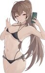  1girl :q absurdres bikini black_bikini breasts brown_eyes brown_hair cellphone chyraliss hair_ornament hairclip high_ponytail highres holding holding_phone hololive hololive_english long_hair medium_breasts nanashi_mumei navel phone selfie simple_background smartphone solo stomach swimsuit tongue tongue_out very_long_hair virtual_youtuber white_background 