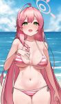  1girl absurdres bikini blue_archive breasts green_eyes halo hanako_(blue_archive) highres huge_breasts large_breasts long_hair looking_at_viewer p03145 pink_hair solo striped striped_bikini swimsuit 