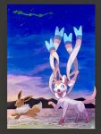  aqua_eyes bright_pupils commentary_request dragon eastern_dragon eevee fangs from_side highres looking_up night no_humans open_mouth outdoors pokemon pokemon_(creature) rayquaza shooting_star sky standing star_(sky) sylveon water white_pupils zai_(3333333333353pk) 