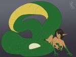  2023 4:3 4_arms 4_breasts after_transformation apode breasts draconcopode egg female forked_tongue green_body green_eyes green_scales humanoid_pointy_ears lamia legless multi_arm multi_breast multi_limb nipples nude reptile scales scalie sepisnake serpentine simple_background snake solo split_form tongue tongue_out 
