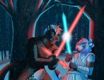  anthro duo floofthefennec fluffy hi_res kergiby kylo lightsaber male mcfloof melee_weapon rey_(disambiguation) star_wars the_force weapon 