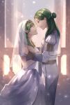  1boy 1girl absurdres balcony bridal_veil bride byleth_(female)_(fire_emblem) byleth_(fire_emblem) couple dress enlightened_byleth_(female) epaulettes fire_emblem fire_emblem:_three_houses green_hair groom hair_bun half_updo hands_on_another&#039;s_shoulders hetero highres husband_and_wife linhardt_von_hevring long_hair mirin. single_hair_bun suit veil wedding wedding_dress white_suit 