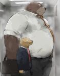  2023 anthro bear black_nose bodily_fluids bottomwear brown_body brown_fur canid canine canis clothing domestic_dog duo elevator fur hi_res iwbsb_kuma kemono male mammal musk necktie overweight overweight_male pants shirt size_difference sweat topwear 