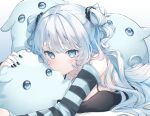  1girl absurdres black_nails blue_eyes breasts cleavage detached_sleeves expressionless highres long_hair looking_at_viewer lying on_stomach original solo spaghetti_strap striped_sleeves stuffed_animal stuffed_toy twintails wako_morino white_hair 