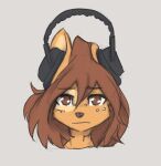  2023 anthro apogee_(tinygaypirate) canid canine canis digital_media_(artwork) domestic_dog female female_anthro fur grey_background hair headphones headshot_portrait hi_res kemono long_hair looking_at_viewer mammal piercing portrait simple_background solo spitz tattoo tinygaypirate 
