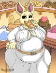 absurd_res anthro beastars belly big_belly big_breasts big_butt breasts butt clothed clothing curvy_figure digital_media_(artwork) domestic_rabbit dwarf_rabbit eating eating_food feeding female fur hair haru_(beastars) hi_res horn huge_breasts huge_butt huge_hips huge_thighs hyper hyper_belly hyper_breasts inflation lagomorph leporid mammal neo_geppetto nipples open_mouth oryctolagus overweight overweight_anthro overweight_female rabbit slightly_chubby smile solo text thick_thighs tight_clothing voluptuous weight_gain wide_hips 