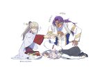  3boys archer_(fate/samurai_remnant) bhima_(fate) bhima_(second_ascension)_(fate) card dark-skinned_male dark_skin fate/grand_order fate/samurai_remnant fate_(series) highres house_tag_denim laughing multiple_boys ponytail purple_hair sieg_(fate) sparkle twitter_username uno_(game) white_background 