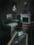  absurdres cellphone chimney clock computer couch ghost highres laptop living_room no_humans okura_lino original painting_(object) phone seiza sitting smartphone table television wall_clock 