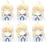  1girl 87banana ahoge apron artoria_pendragon_(fate) blonde_hair blue_bow bow expressions fate/stay_night fate_(series) green_eyes hair_bow happy parted_lips saber smile solo 