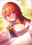  1girl breasts cleavage commentary cup despuntater dress dutch_angle hair_between_eyes highres himeko_(honkai:_star_rail) holding holding_cup honkai:_star_rail honkai_(series) large_breasts long_hair looking_at_viewer orange_eyes red_hair solo teacup white_dress 