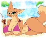  beach beverage bikini canid canine claws clothing cute_expression diane_foxington digital_media_(artwork) dreamworks eyelashes female fluffy fluffy_tail fox green_eyes hi_res james_andromeda looking_at_viewer lying mammal mostly_nude navel on_front palm_tree pinup plant pose ring seaside seductive smile solo swimwear tail the_bad_guys thick_thighs tree water wide_hips 