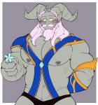  beard blizzard_entertainment blush draenei facial_hair flower giving_flower hair hi_res horn humanoid long_beard long_hair male mustache navel nipple_piercing nipples offering_flower pecs piercing pink_hair plant seintaur smile solo warcraft yellow_eyes 