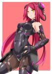  1girl action_taimanin amashirotenna black_bodysuit blush bodysuit breasts covered_navel garter_straps hand_on_own_hip headgear highres long_hair looking_at_viewer medium_breasts midriff red_hair shiny_clothes skin_tight solo standing su_jinlei taimanin_(series) taimanin_asagi taimanin_suit thighhighs yellow_eyes 