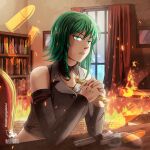  1girl arson bare_shoulders bookshelf braid bullet chair collared_jacket commentary crop_top curtains desk detached_collar detached_sleeves elbow_rest embers evillious_nendaiki green_eyes green_hair grey_jacket grey_sleeves grim_the_end gumi gun holding holding_key indoors interlocked_fingers jacket key looking_at_viewer mario_gagabriel midriff nemesis_no_juukou_(vocaloid) nemesis_sudou own_hands_clasped own_hands_together parted_lips red_nails revolver short_hair side_braid sidelocks sideways_glance solo vessel_of_sin vocaloid weapon window 