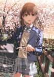  1girl :d bag bicycle bicycle_basket blazer blue_jacket blush brown_hair canal cherry_blossoms collared_shirt commentary_request day grey_skirt ground_vehicle hair_between_eyes highres jacket kukiha lapels leaf long_hair long_sleeves looking_at_viewer notched_lapels open_mouth original outdoors plaid plaid_skirt pleated_skirt railing school_bag shirt signature skirt smile solo sweater_vest tree uniform white_shirt wooden_railing yellow_eyes 