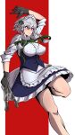  1girl absurdres black_gloves braid breasts closed_mouth commentary_request gloves grey_hair highres holding holding_knife izayoi_sakuya knife large_breasts maid maid_headdress medium_hair red_background red_eyes side_braids simple_background smile solo strong_anus touhou twin_braids 