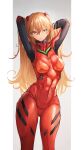  1girl arms_behind_head arms_up blue_eyes bodysuit breasts hair_between_eyes hair_ornament highres interface_headset large_breasts long_hair multicolored_bodysuit multicolored_clothes neon_genesis_evangelion orange_bodysuit orange_hair pilot_suit plugsuit red_bodysuit solo souryuu_asuka_langley standing two_side_up very_long_hair yusha_m 