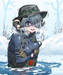  1girl absurdres bare_tree black_eyes blue_bodysuit blue_hair blue_wetsuit body_armor bodysuit boonie_hat breasts breath brown_gloves chain cold crying diving_suit gloves hair_over_one_eye hat highres horns kirochef korean_text large_breasts looking_at_viewer medium_hair military military_hat open_mouth original partially_submerged republic_of_korea_army sharp_teeth smile snap-fit_buckle snot snow solo teeth tree trembling upper_body wetsuit winter 