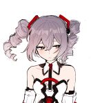  1girl 5rwpvc absurdres bare_shoulders bronya_zaychik closed_mouth collarbone dress drill_hair eyebrows_hidden_by_hair grey_eyes grey_hair hair_between_eyes highres honkai_(series) honkai_impact_3rd looking_to_the_side simple_background solo twin_drills twintails upper_body white_background white_dress 