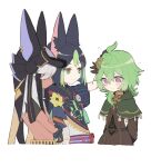  1girl 2boys =3 animal_ears animal_hands arms_behind_back black_hair black_headwear blush capelet closed_mouth collei_(genshin_impact) cropped_legs crossed_arms cyno_(genshin_impact) dark-skinned_male dark_skin flower fox_boy fox_ears genshin_impact green_capelet green_eyes green_hair hair_ornament highres k90108119 long_hair multicolored_hair multiple_boys purple_eyes red_eyes simple_background tighnari_(genshin_impact) white_background white_hair yellow_flower 