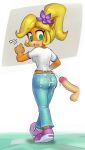  2023 absurd_res accessory activision anthro bandicoot blonde_hair bodily_fluids butt coco_bandicoot crash_bandicoot_(series) cum cum_on_butt cum_on_shirt disembodied_penis ejaculation female flower flower_in_hair fur genital_fluids genitals green_eyes hair hair_accessory hi_res humanoid_genitalia humanoid_penis male male/female mammal mario-grant marsupial orange_body orange_fur penis plant ponytail questionable_consent solo surprised_expression walking wide_eyed 