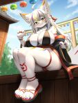  3:4 anthro big_breasts blush breasts canid canine clothed clothing faroula_twitt female female_anthro fingers fox fur hair hi_res looking_at_viewer mammal smile solo white_body white_fur 