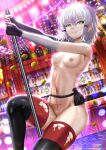  1girl bar_(place) breasts breasts_apart coin fantasy fingerless_gloves gloves green_eyes grey_hair grin hair_tubes highres kein_hasegawa looking_at_viewer medium_breasts medium_hair navel nipples nude original pole_dancing pouch pubic_tattoo sidelocks smile stripper_pole tattoo thighhighs thighs topless torn_clothes 
