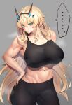  1girl abs bangs bare_shoulders black_pants black_sports_bra blonde_hair breasts collarbone fairy_knight_gawain_(fate) fate/grand_order fate_(series) green_eyes highres horns large_breasts long_hair looking_at_viewer minami_koyogi navel pants solo sports_bra sweat thighs yoga_pants 