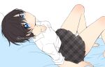  1girl bare_legs barefoot bed_sheet blue_eyes brown_hair looking_at_viewer original plaid plaid_skirt rinlaby school_uniform shirt signature skirt tomboy white_shirt 