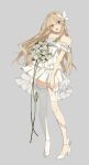  1girl absurdres bare_shoulders blonde_hair blush bouquet breasts butterfly_hair_ornament dress flower green_ribbon grey_background hair_flower hair_ornament high_heels highres holding holding_bouquet lai_dou_laile_555 long_hair looking_at_viewer nijisanji nijisanji_en open_mouth pomu_rainpuff red_eyes ribbon simple_background single_thighhigh small_breasts smile solo thighhighs white_dress white_footwear 