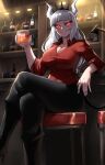  1girl absurdres alcohol black_pants crossed_legs crown cup demon demon_girl demon_horns demon_tail evil_smile glowing glowing_eyes helltaker highres holding holding_cup horns long_hair looking_at_viewer looking_to_the_side lucifer_(helltaker) pants rageman709 red_eyes red_shirt shirt sitting smile tail whiskey white_hair white_horns 