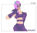  1boy abs absurdres blue_eyes catchphrase clothing_cutout cowboy_shot domino_mask gloves highres jojo_no_kimyou_na_bouken licking long_hair looking_at_viewer male_focus mask melone multicolored_hair shirt single_bare_shoulder solo tasse_jj tight tight_shirt twitter_username two-tone_hair vento_aureo 