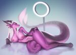  aldia anthro aquatic_dragon big_breasts breasts dragon ear_frill ear_piercing feet frill_(anatomy) gynomorph hair horn intersex looking_at_viewer marine membrane_(anatomy) nipples nude papillaeci piercing pink_body pink_scales purple_body purple_eyes reptile ring_light scales scalie sea_serpent silver_hair simple_background solo tail tattoo wingless_dragon 