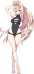  1girl angela_balzac barefoot black_one-piece_swimsuit blonde_hair blue_eyes breasts full_body hands_on_own_head iron_saga long_hair official_art one-piece_swimsuit rakuen_tsuihou saitou_masatsugu swimsuit third-party_source 