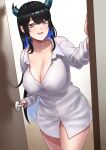  1girl :d black_hair blue_hair breasts cipher4109 cleavage collarbone collared_shirt colored_inner_hair demon_horns doorway hand_up highres hololive hololive_english horns large_breasts long_hair looking_at_viewer mole mole_on_thigh mole_under_eye multicolored_hair nerissa_ravencroft no_pants open_mouth opening_door partially_unbuttoned purple_eyes shirt smile solo thighs two-tone_hair uneven_horns very_long_hair virtual_youtuber white_shirt 