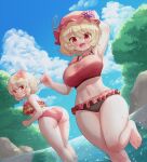  2girls :d aki_minoriko aki_shizuha arinu ass bikini blonde_hair blue_sky blush breasts cloud commentary_request food frilled_bikini frills fruit grapes hair_ornament hat highres large_breasts leaf_hair_ornament looking_at_viewer mob_cap multiple_girls open_mouth outdoors red_bikini red_eyes red_headwear siblings sisters sky smile swimsuit touhou wading 