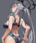  adjusting_clothes adjusting_swimsuit animal_ear_fluff animal_ears black_one-piece_swimsuit blue_archive blue_eyes breasts competition_swimsuit covered_navel cowboy_shot cross_hair_ornament extra_ears from_behind grey_background grey_hair hair_ornament halo large_breasts long_hair low_ponytail medium_hair mismatched_pupils multicolored_clothes multicolored_swimsuit one-piece_swimsuit ponytail shiroko_(blue_archive) shiroko_(swimsuit)_(blue_archive) shiroko_(terror)_(blue_archive) simple_background simplecar swimsuit wolf_ears 