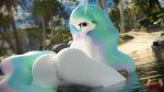  3d_(artwork) absurd_res anthro anthrofied beach big_breasts big_butt breasts butt digital_media_(artwork) equid equine female friendship_is_magic genitals hasbro hi_res horn looking_at_viewer looking_back looking_back_at_viewer loveslove mammal my_little_pony nude partially_submerged princess_celestia_(mlp) pussy seaside solo unicorn water 
