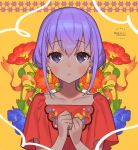  1girl alternate_costume blue_flower clenched_hands collarbone dark-skinned_female dark_skin earrings fate/grand_order fate_(series) floral_background flower flower_earrings flower_ring hair_between_eyes hands_up hassan_of_serenity_(fate) jewelry light_blush looking_at_viewer parted_lips purple_eyes purple_hair red_flower red_shirt ring sara_(kurome1127) shirt short_hair short_sleeves solo tassel tassel_earrings twitter_username upper_body white_flower yellow_background yellow_tassel 