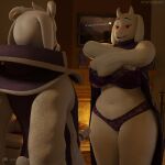  3d_(artwork) absurd_res age_difference asriel_dreemurr asriel_dreemurr_(god_form) blush bovid caprine clothing dialogue digital_media_(artwork) fireplace genitals goat hi_res holidays incest_(lore) inside mammal monster mother mother&#039;s_day mother_and_child mother_and_son parent parent_and_child penis romantic son toriel undertale undertale_(series) underwear undressing yamimarik1994 