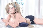  1girl ass asuna_(blue_archive) bed black_choker black_shorts blonde_hair blue_archive blue_eyes blush breasts cellphone choker dolphin_shorts earrings grin gyool hair_ornament hair_over_one_eye hair_ribbon halo highres holding holding_phone indoors jewelry large_breasts light_brown_hair long_hair looking_at_viewer lying mole mole_on_breast on_bed on_stomach phone ponytail ribbon short_shorts shorts sideboob smartphone smile solo thighs topless 