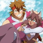  2020 accessory anthro blue_eyes blush bodily_fluids brown_body brown_fur brown_hair carrying_another clothed clothing cloudscape domestic_cat dress duo ear_piercing emanata e~shin felid feline felis female fur furgonomics grin gundam gundam_build_divers_re:rise hair headband human jewelry kazami_(gundam_build_divers_re:rise) kemono maiya_(gundam_build_divers_re:rise) male male/female mammal muscular muscular_male open_mouth piercing ring sky sleeveless_shirt smile sparkles sweat sweatdrop tail tail_accessory tail_jewelry tail_ring worried yellow_eyes 