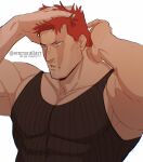  1boy adjusting_hair arms_up bara beard beard_stubble black_tank_top boku_no_hero_academia derivative_work endeavor_(boku_no_hero_academia) facial_hair frown highres large_pectorals looking_ahead male_focus mature_male muscular muscular_male parted_lips pectoral_cleavage pectorals scar scar_across_eye short_hair sideburns sidepec solo spiked_hair stormcallart striped_tank_top stubble tank_top thick_eyebrows upper_body 